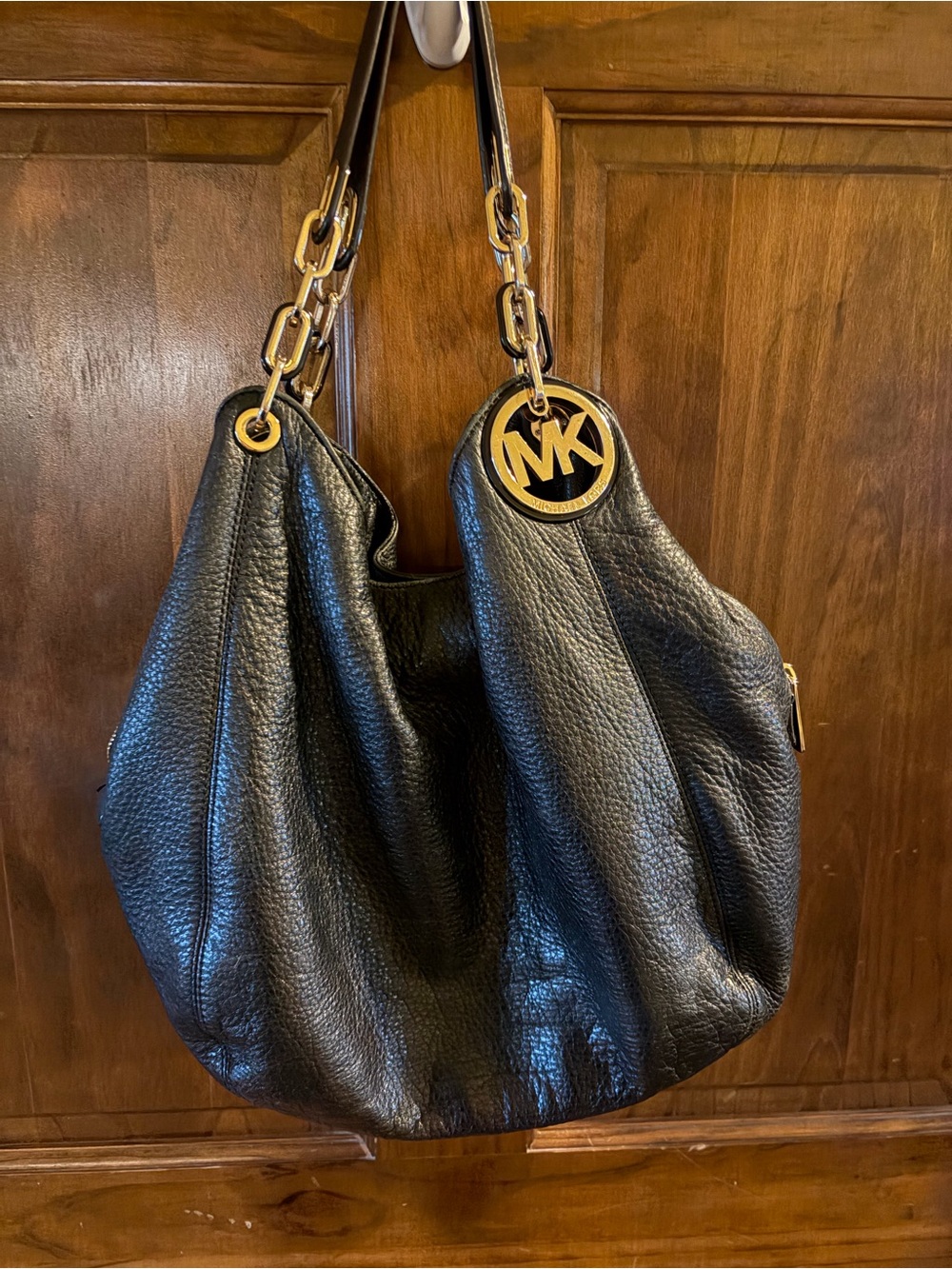 Michael Kors “Fulton” Black Pebbled Leather Hobo Bag with Gold Hardware